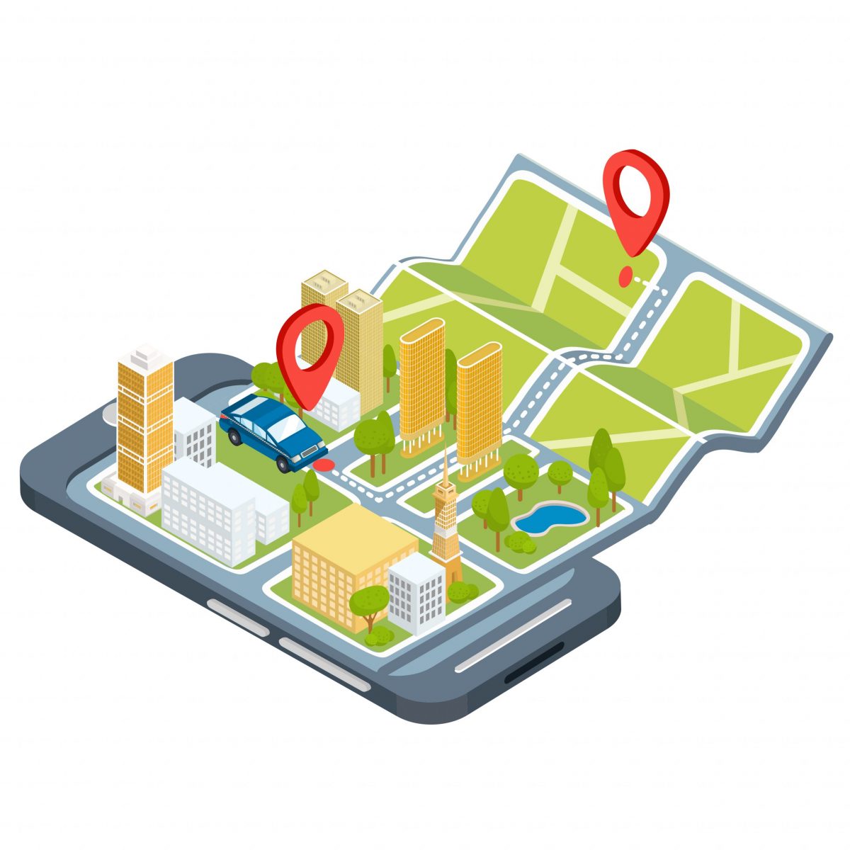 Vector illustration of the concept using the mobile application of the global positioning system. Image of a smartphone with a paper map unfolded from it with location symbols, 3D houses, cars, trees