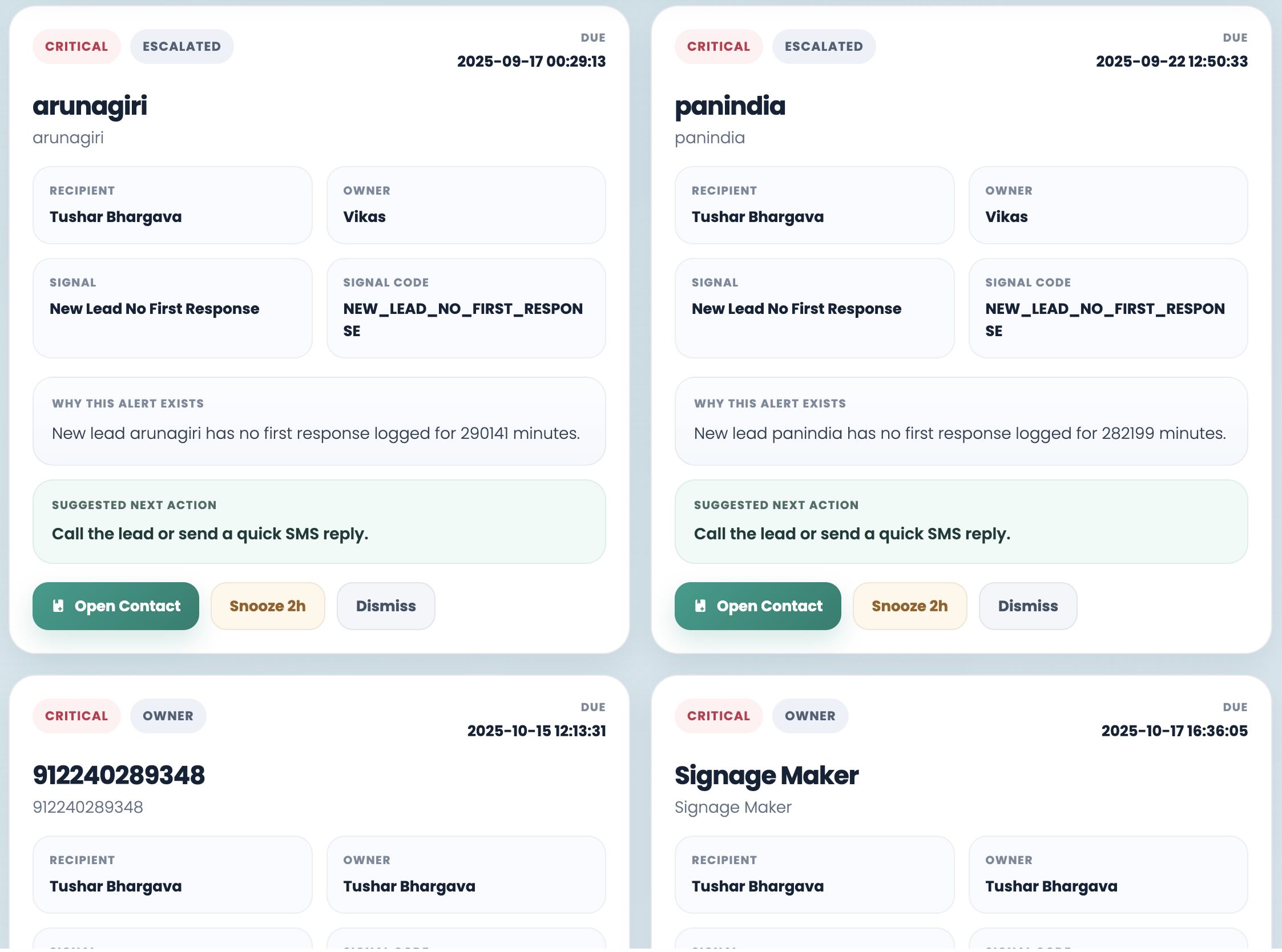 Missed followup notification inside ZNICRM