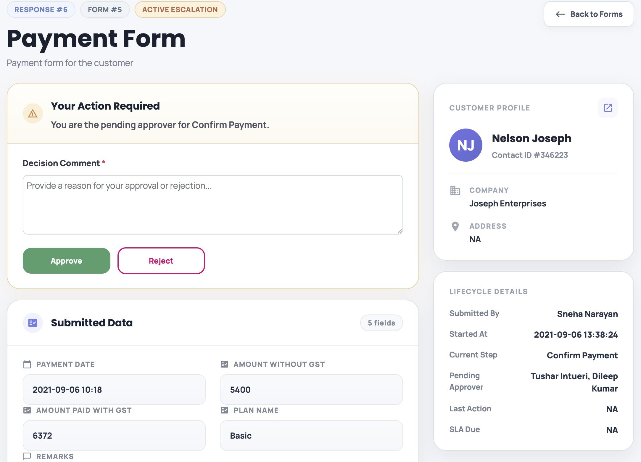 ZNICRM escalations and approval workflow screen