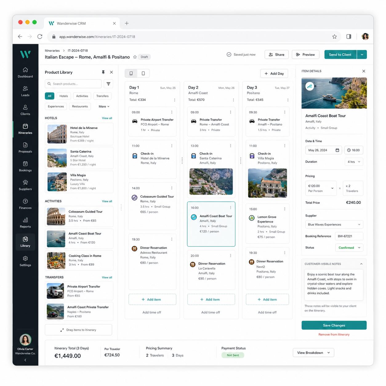 Travel CRM itinerary builder