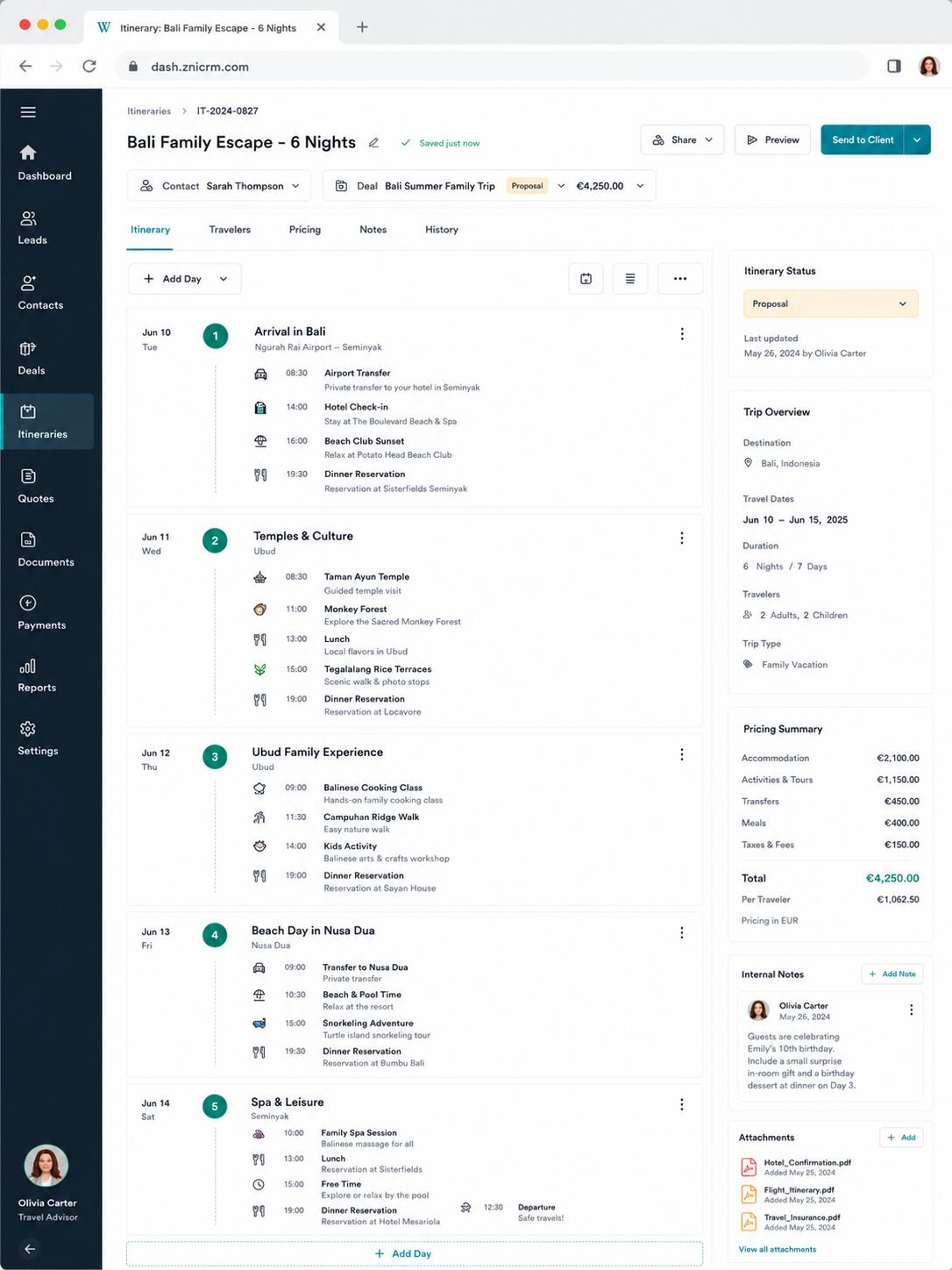 Travel CRM itinerary builder example