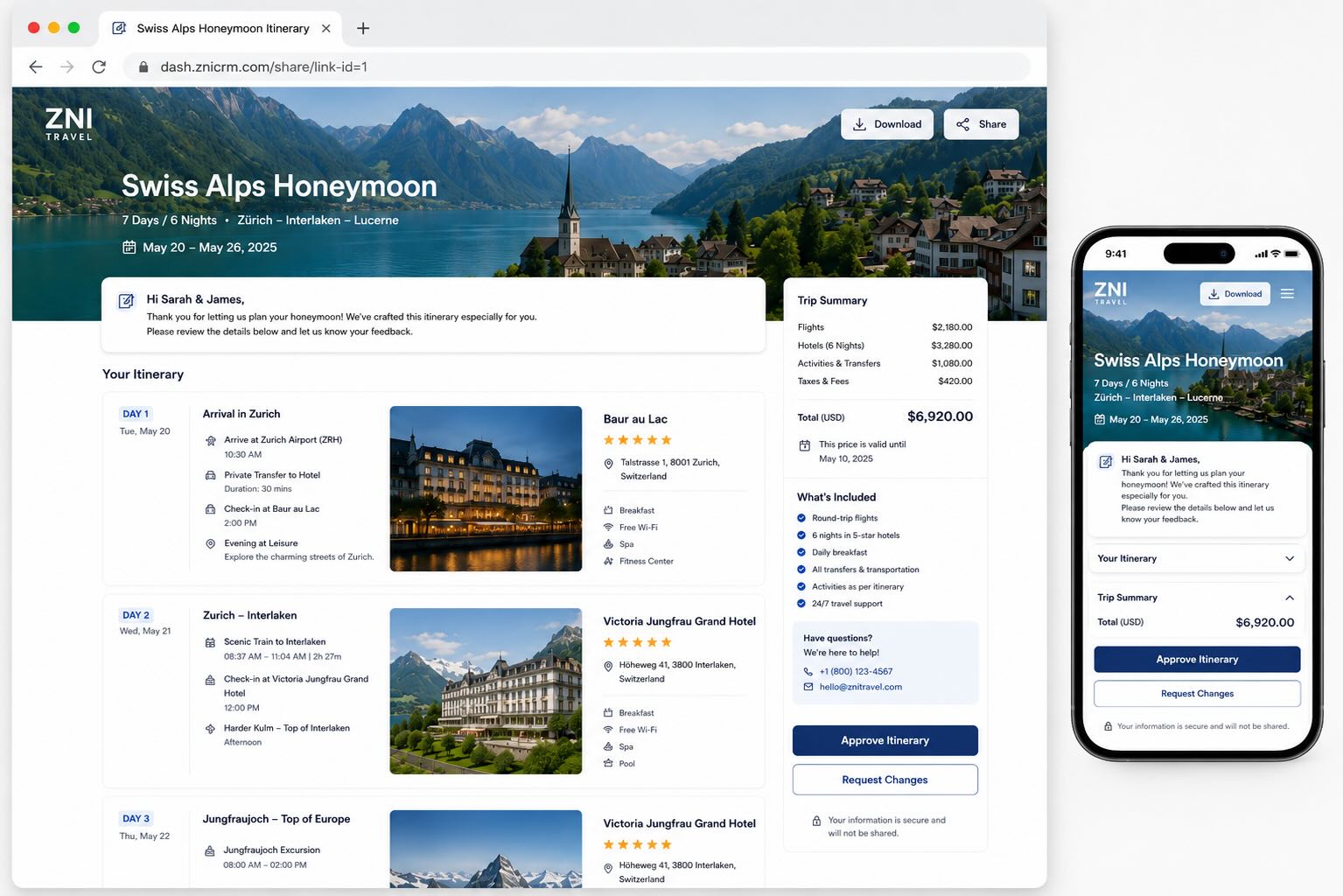 Travel CRM customer share link mockup
