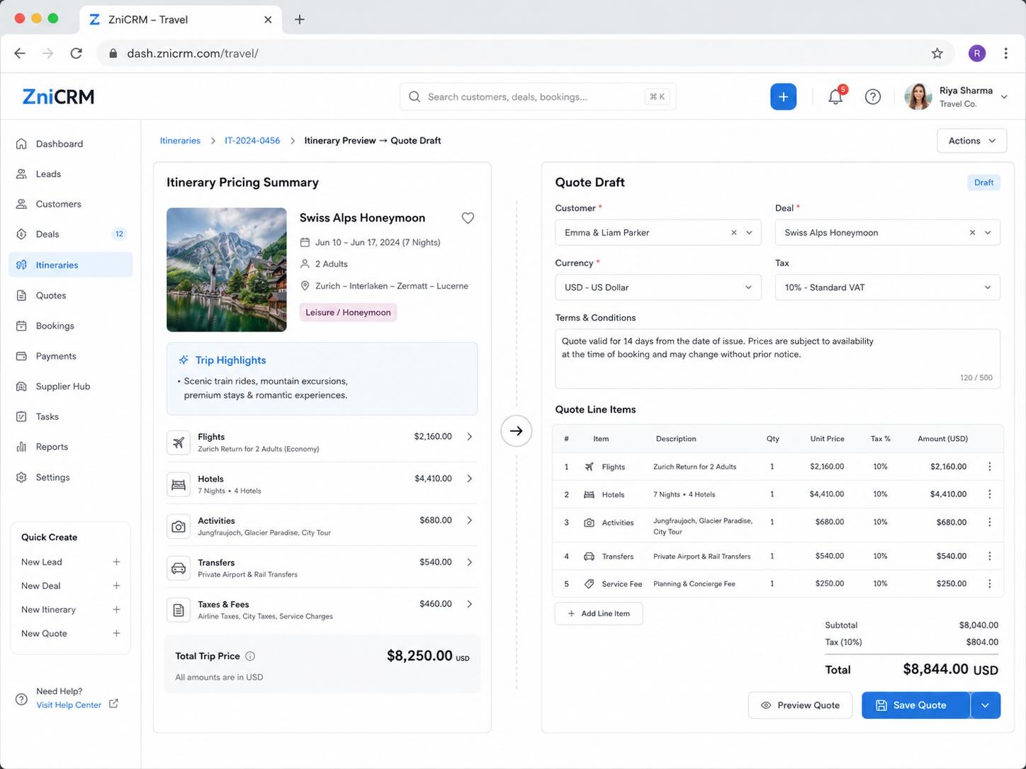 Travel CRM quote draft mockup