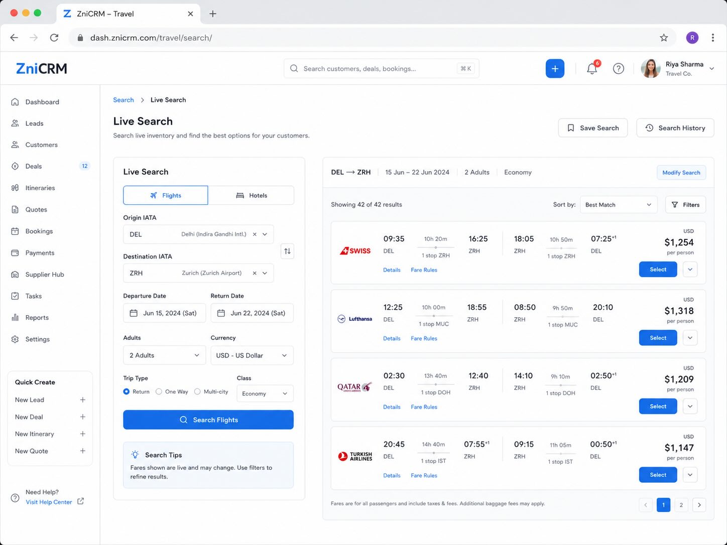 Travel CRM live search mockup