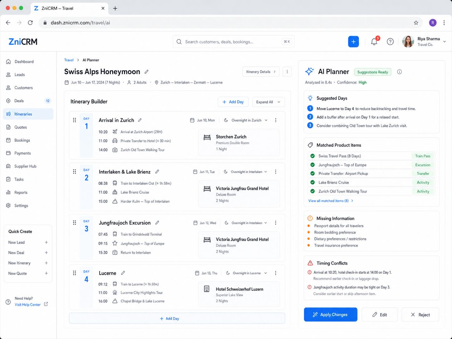 Travel CRM AI planner mockup